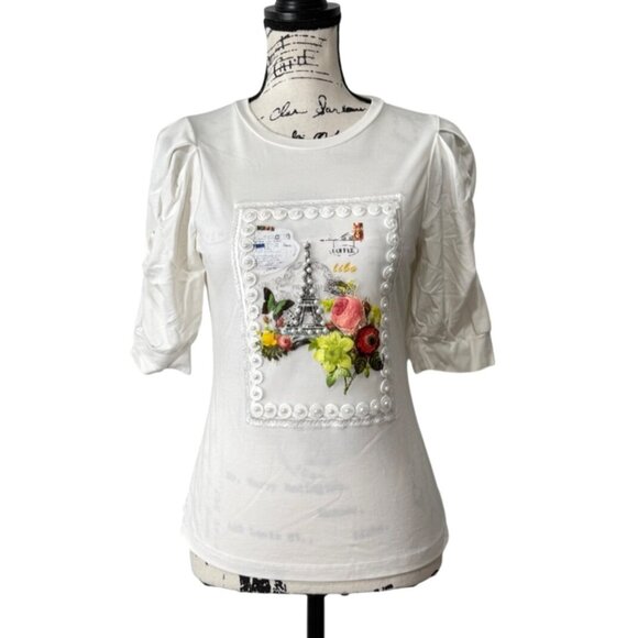 Gracia Womens Top Puff Sleeve White Paris Eiffel Tower Floral Embroidered Size S - Picture 1 of 8
